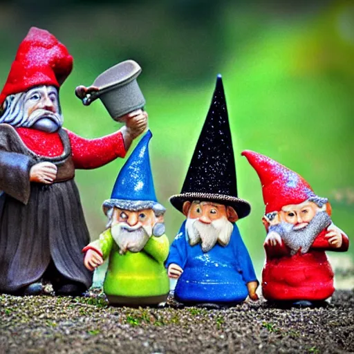 Prompt: garden gnomes bilbo's birthday party, gandalf, fireworks, frodo, pippin, merry, cute, tilt shift, award winning, highly textured