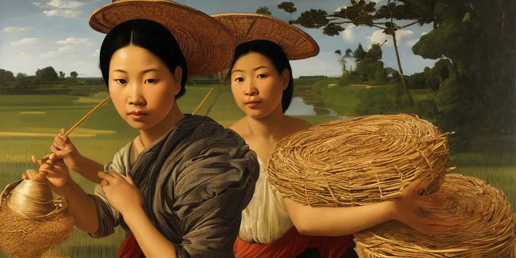 Image similar to beautiful oil matte portrait painting, vietnamese woman of an elevated rice field tending to her work, wonderful masterpiece highly detailed, beautiful cinematic light deep focus, elegant, digital painting, smooth, sharp focus, golden ratio, dramatic illumination, ultra realistic, 8 k, art by artemisia lomi gentileschi and caravaggio