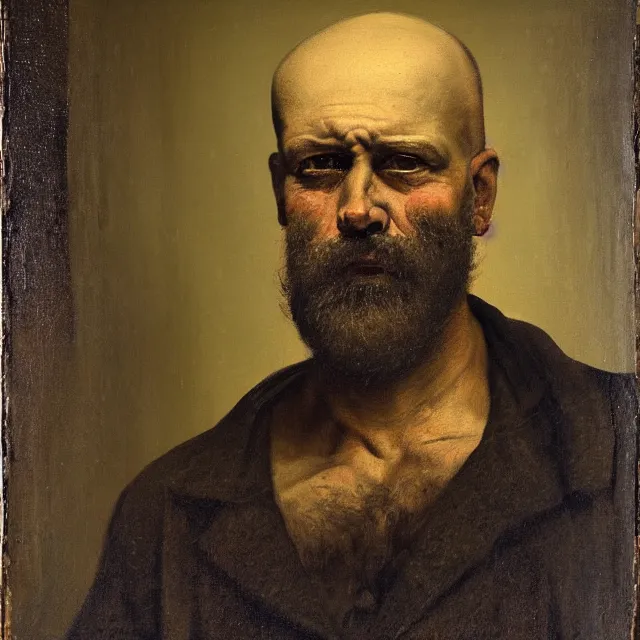 Prompt: realist painted portrait of a rugged bald middle aged man with greying beard standing in a dark doorway