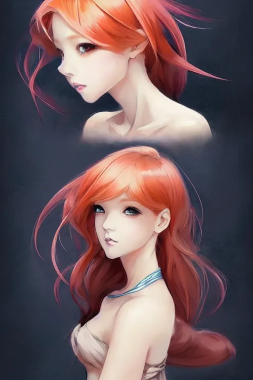 Image similar to beautiful concept art, character design sheet, beautiful anime style gingerhead young girl mermaid with a gorgeous faces, high fashion, fantasy, intricate, elegant, highly detailed, digital painting, artstation, concept art, smooth, sharp focus, illustration, beautiful light and shadows, art by artgerm and greg rutkowski and lin hsiang and krenz cushart and wlop