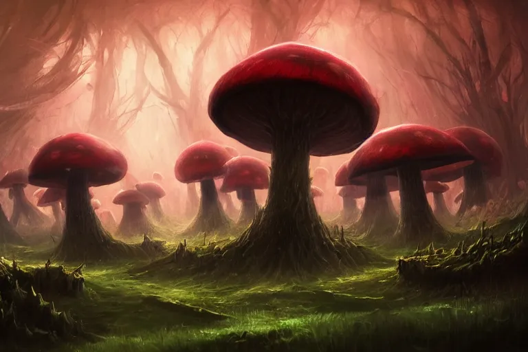 Image similar to a giant mushroom forest in the style of Anato Finnstark concept art, 4K, UHD, High quality, Trending on Artstation HQ