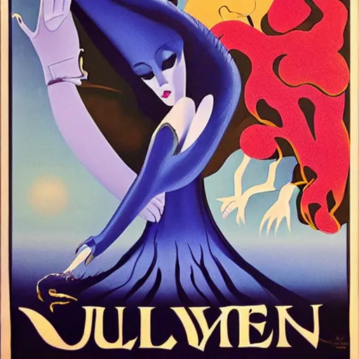 Prompt: a vintage poster of a animation movie titled Vulvine, about a fantasy dark queen jewels Death, by Georgia o keeffe, by Amano