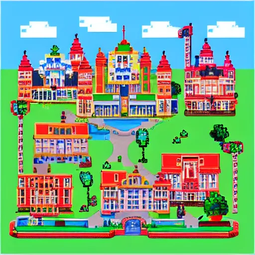 Image similar to Wealthy neighborhood overlooking a city with houses modeled after palaces and castles, bright sunshine and ribbon clouds, pixel art