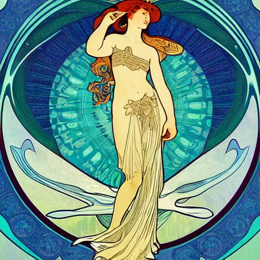 Prompt: “Art Nouveau poster of dolphin in style of Alphonse Mucha, 8k”