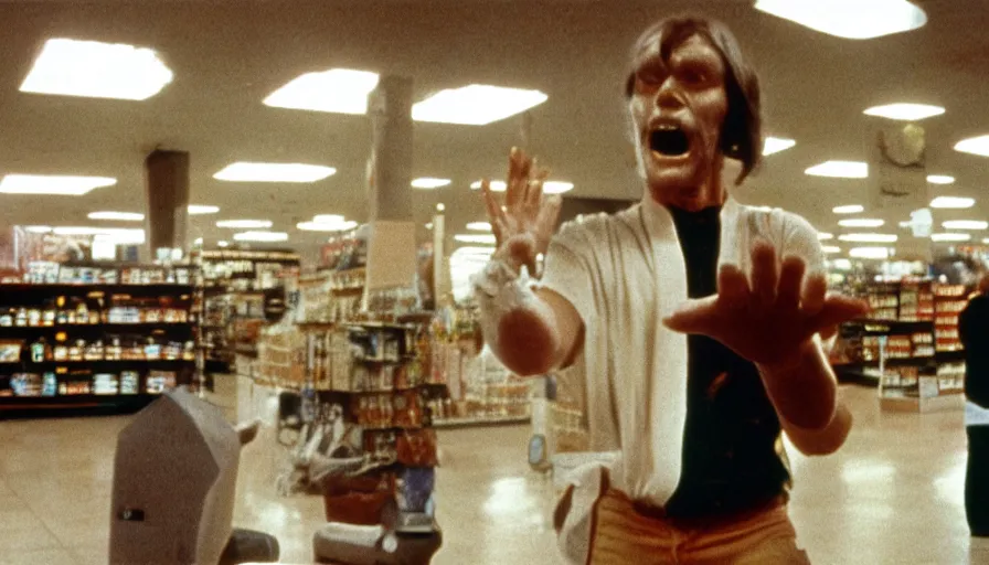 Prompt: 7 0 s film still from a horror movie featuring a person practicing qi gong in the middle of a grocery store, kodachrome, cinecolor, cinestill, photorealism, cinematic, film grain, film texture, vhs recording