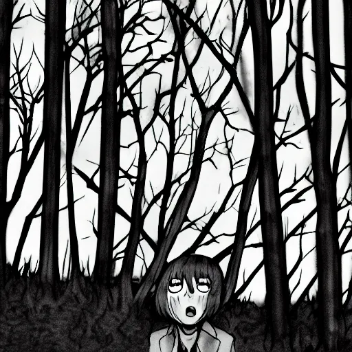 Prompt: in the style of sui ishida, transparent ghost screaming, in the woods, moody lighting