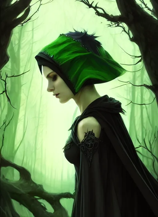 Image similar to side portrait dark witch with hood, adventurer outfit large cloak, fantasy forest landscape, moonshine, fantasy magic, undercut hairstyle, short green black fade hair, dark light night, intricate, elegant, sharp focus, illustration, highly detailed, digital painting, concept art, matte, art by WLOP and Artgerm and Greg Rutkowski and Alphonse Mucha, masterpiece