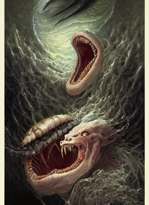 Prompt: portrait of a vampire!!!! with a sea lamprey!!!! mouth!!!, in the styles of ( national geographic ), jim warren, peter mohrbacher, gerald brom, and marc simonetti, intricate, hyperrealistic, volumetric lighting