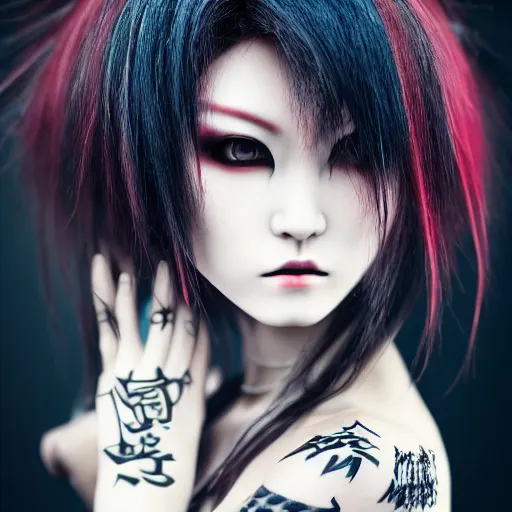 Image similar to japanese gothic model with maximalist hair style and kanji tattoos, dark colors, fashion model, portrait shot, depth of field, 8 k, hyper detailed, intricate, trending on artstation