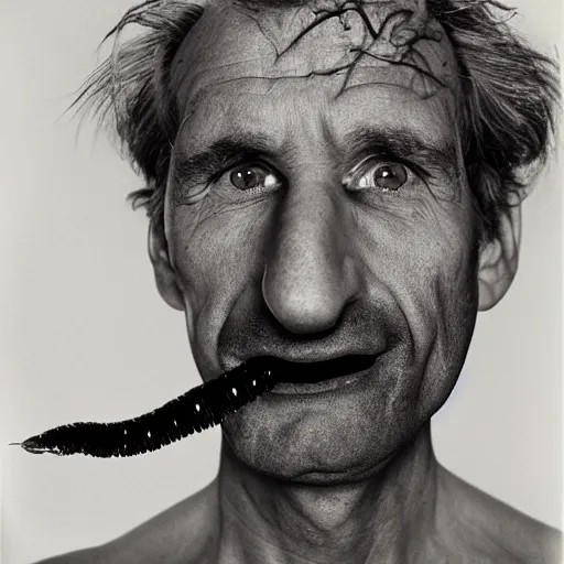 Image similar to realistic award winning photograph of middle aged man with worms coming out of his nose as shot by richard avedon