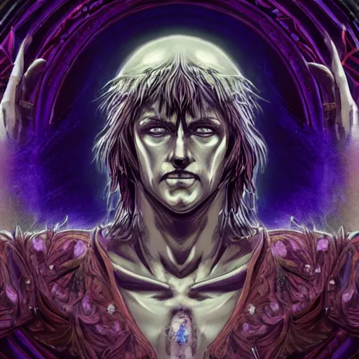 Prompt: 4K headshot portrait of godlike Warlock of Nazareth with defined arms and open hands and bloody clothes with giant mandala wings , intricate face , flawless anime cel animation by Kentaro Miura, psychedelic , highly detailed upper body , professionally post-processed , beautiful, scary, symmetry accurate features, epic, octane rendered, anime masterpiece, accurate by Craig Mullins, ilya kuvshinov, krenz cushart, epic , artgerm trending on artstation by Edward Hopper and Dan Mumford and WLOP and Rutkovsky, beksinski carl spitzweg moebius and tuomas kocar, intricate artwork by caravaggio, Unreal Engine 5, Lumen, Nanite