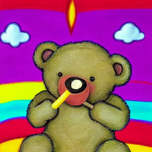 Image similar to teddy bear vomiting rainbow, photorealistic