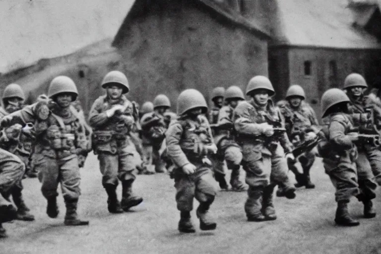 Image similar to baby soldiers storming normandy, old world war 2 photo, film grain