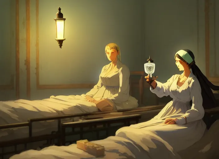 Prompt: 1 8 5 4 crimea, florence nightingale holding lamp, army hospital in scutari at night, wounded patients in beds on both sides of hospital ward, dirty floor, grimy walls, finely detailed perfect art, painted by greg rutkowski makoto shinkai takashi takeuchi studio ghibli