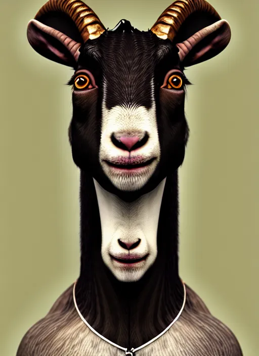 Image similar to anthropomorphic portrait of will smith as a goat, au naturel, hyper detailed, digital art, trending in artstation, cinematic lighting, studio quality, smooth render, unreal engine 5 rendered, octane rendered, art style by klimt and nixeu and ian sprigger and wlop and krenz cushart