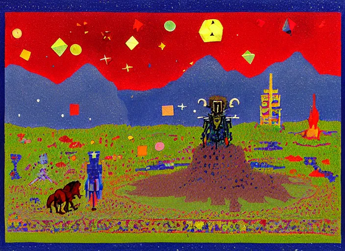 Image similar to pixel decollage painting tarot lovers card composition tower of babel road red armor maggot bear and wonky alien frog skeleton knight on a horse in a dark red cloudy night sky with golden foil jewish stars and diamonds, mountain lake and blossoming field in background, painted by Mark Rothko, Helen Frankenthaler, Danny Fox and Hilma af Klint, pixelated, neo expressionism, semi naive, pastel colors, cinematic, color field painting, cave painting, voxel, pop art look, outsider art, minimalistic. Bill Traylor painting, part by Philip Guston and Francis Bacon. art by Adrian Ghenie, very coherent symmetrical artwork, cinematic, hyper realism, high detail, octane render, unreal engine, Smooth gradients, depth of field, full body character drawing, extremely detailed, 8k, extreme detail, intricate detail, masterpiece