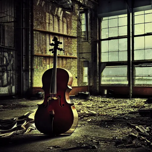 Image similar to abandoned steampunk factory with a Lonely cello, cinematic light,