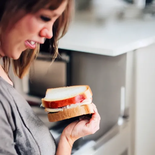 Prompt: a cat makes a ham sandwich in a kitchen, 85mm f1.8