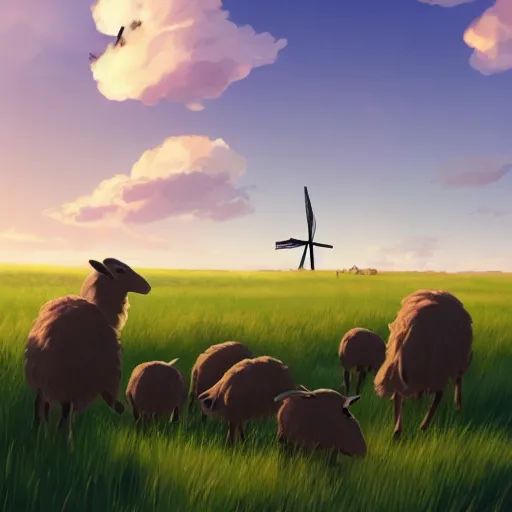 Image similar to a group of black - headed sheeps in a wheat field in front of a windmill by makoto shinkai and lois van baarle, ilya kuvshinov, rossdraws global illumination