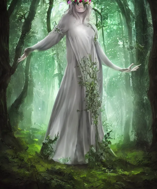 Image similar to young beautiful fey druid woman, full body portrait, white hair, flower crown, dark green robes, intricate, standing in a dark forest, sunbeams, illustration, romanticism