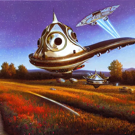 Prompt: painting of artlilery spaceship with ornate metal work lands in country landscape, filigree ornaments, volumetric lights, norm rockwell, micheal whelan