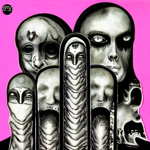 Image similar to post - punk new age album cover, magic, apocalypse, psychedelic, black white pink, magic, giger h. r.