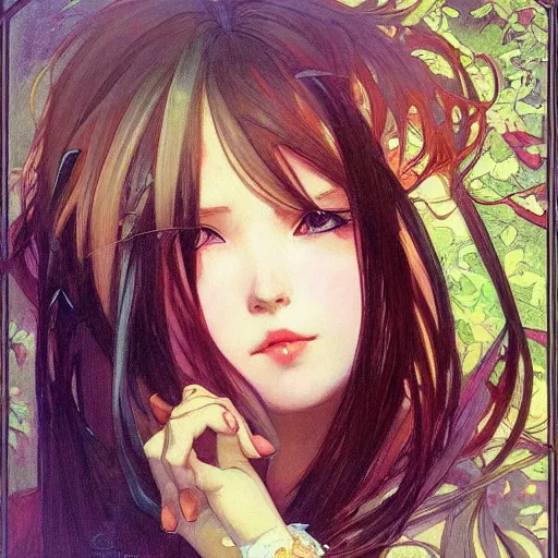 Prompt: detailing character concept portrait painting of cute neko girl, high fantasy, elegant, art station, pixiv, trending, editor’s pickup, by Alphonse Mucha