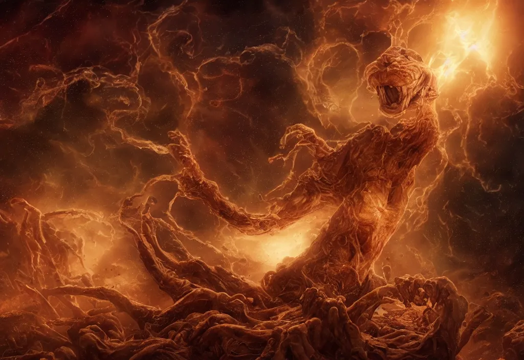 Image similar to eldritch horror bloody garfield in space, hd, 8 k, giant, epic, realistic photo, unreal engine, prophecy, powerful, cinematic lighting, destroyed planet, debris, violent, sinister, ray tracing, dynamic, epic composition, dark, horrific, teeth, grotesque, monochrome drawing, hellscape, corpses, foreboding, lightning, garfield cartoon eyes