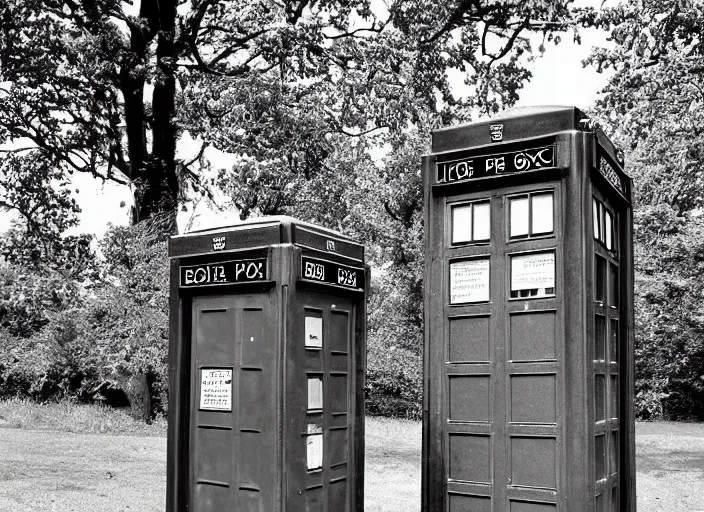 Prompt: photo of a metropolitan police box partially obscured by trees in rural london, police box, tardis, 1936, sepia