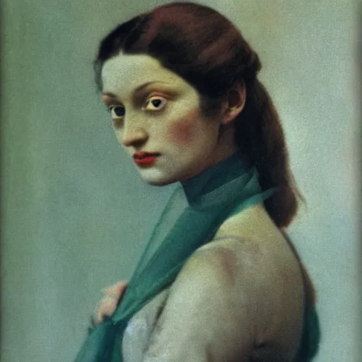 Image similar to portrait of a beautiful lady with silver eyes, vintage coloured photography by balthus