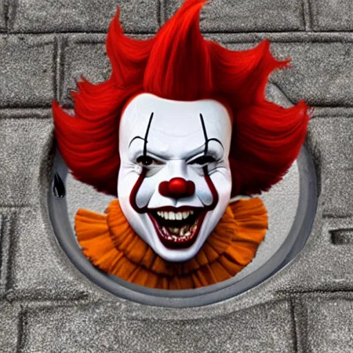 Image similar to pennywise the clown with sharp teeth, red nose and orange hair smiling evilly from storm drain