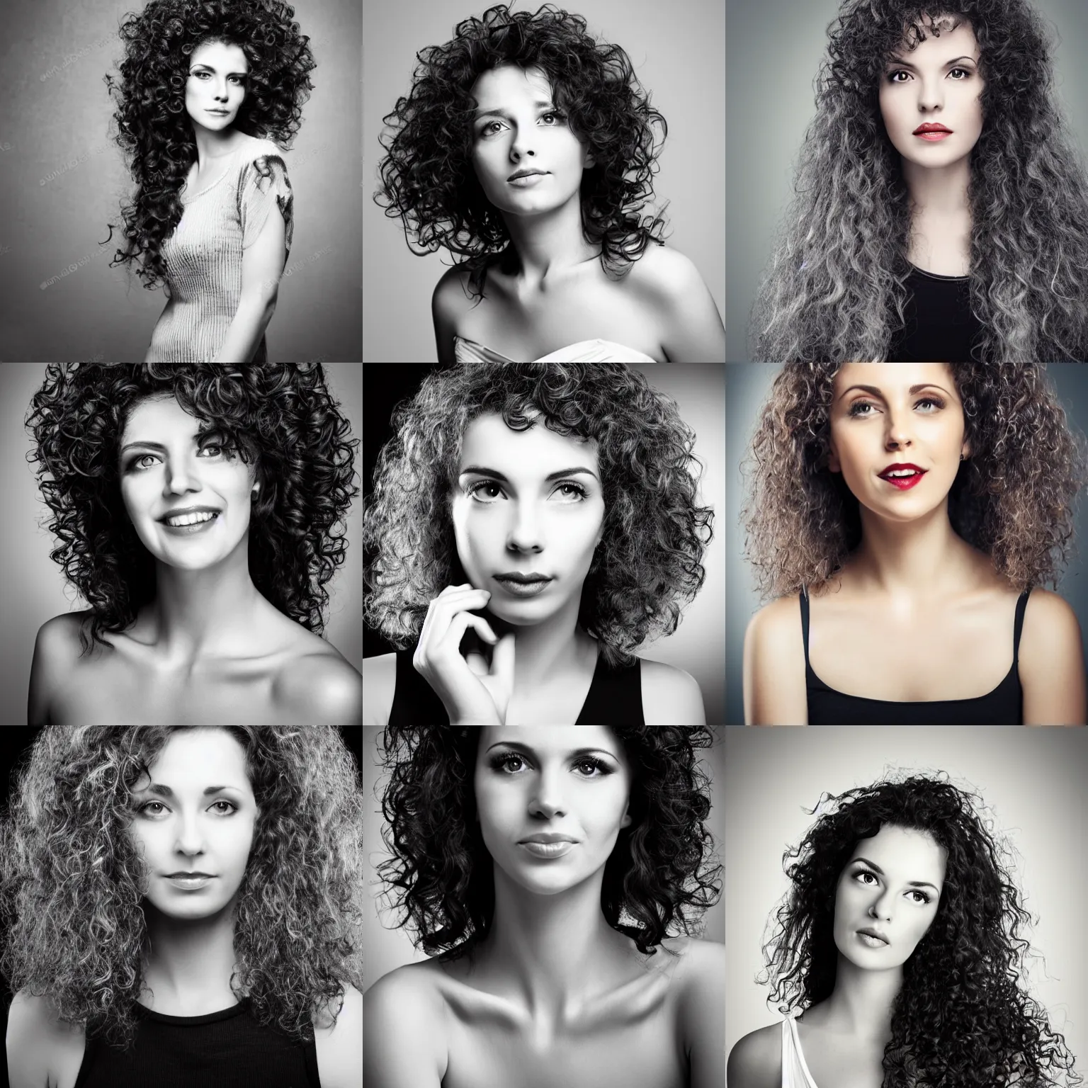 Prompt: European woman portrait photograph, black and grey shorter curly hair, 38 years old, good looking , intelligent