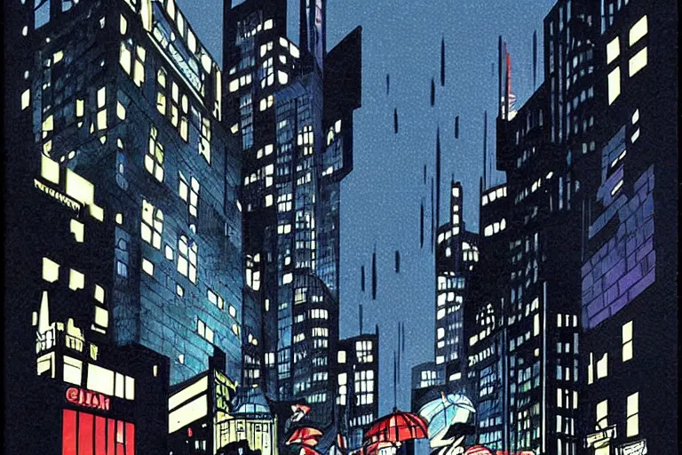 Image similar to gotham city, raining!, dark deco, bruce timm