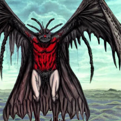 Image similar to 4K headshot of mothman holding something and bloody clothes with giant wings , intricate face , flawless anime cel animation by Kentaro Miura,psychedelic , highly detailed upper body , professionally post-processed , beautiful, scary, symmetry accurate features, epic, octane rendered, anime masterpiece, accurate