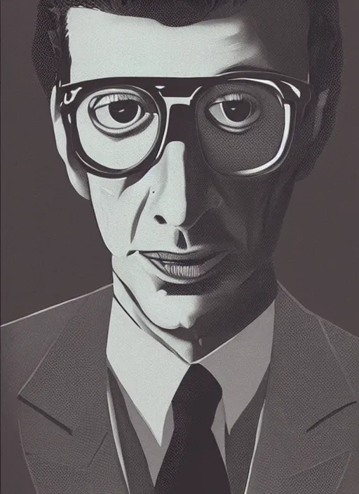 Image similar to portrait of jeff goldblum in the fly ( 1 9 8 6 ), highly detailed, centered, concept art, smooth, sharp focus, illustration, rick griffin, bob fried, victor moscoso, randy tuten, david singer