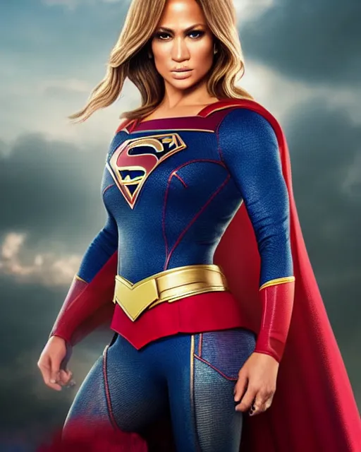 Image similar to 5 5 mm portrait photo of jennifer lopez as supergirl. magical atmosphere. art by artgerm and greg rutkowski. highly detailed 8 k. intricate. lifelike. soft light. nikon d 8 5 0.