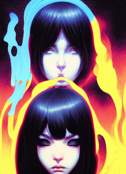 Image similar to emo girl battles again a stove fire. floating planets on the background, box office hit, fantasy and seventies italian horror movie, unreal engine, intricate, highly detailed 8 k, ambient occlusion, extremely beautiful and aesthetic shape of face and neck, art by hiroaki samura and ilya kuvshinov, range murata and rossdraws