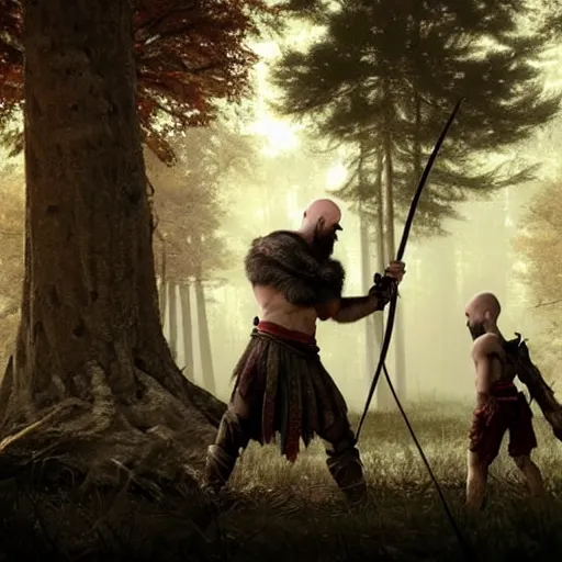 Image similar to kratos teaching atreus how to hunt deer with a bow in a forest, stunning 3 d render inspired art by greg rutkowski and xiang duan and thomas eakes, perfect facial symmetry, flesh texture, realistic, highly detailed attributes and atmosphere, dim volumetric cinematic lighting, 8 k octane detailed render, post - processing, masterpiece, rtx on, rendering on unreal engine