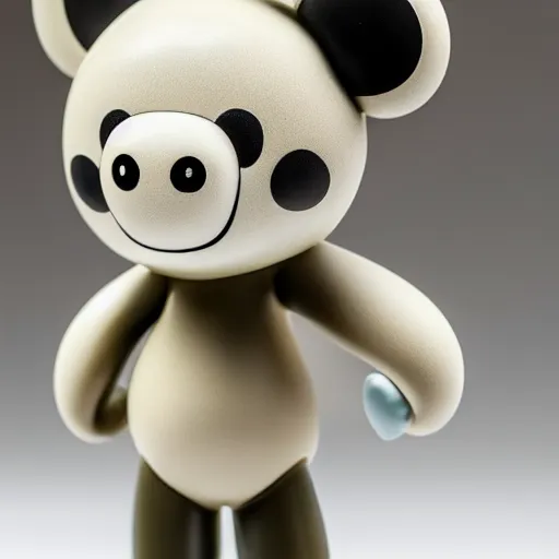 Image similar to highly detailed product shot of an off - white cheburashka porcelain figurine | visible cracks in the porcelain | light reflecting in the porcelain | 4 k | uhd | inspired by kaws