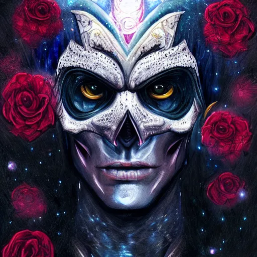 Image similar to Very very very very highly detailed mystic, enigmatic, strange portrait of a phantom warrior with galaxy, roses, shark's teeth by Mozart, intricate, extremely detailed, digital painting, artstation, concept art, smooth, sharp focus, illustration, intimidating lighting, incredible art,