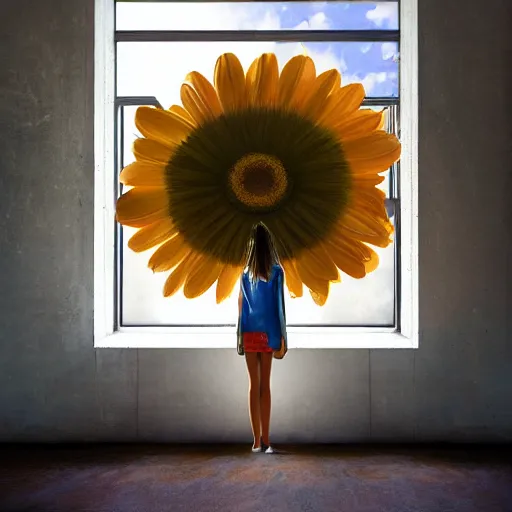 Image similar to giant daisy flower head, woman standing next to modern window in luxury loft, surreal photography, sunlight, impressionist painting, digital painting, artstation, simon stalenhag