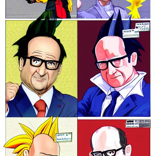 Image similar to François hollande transforming into super saiyan, drew by akira toryama