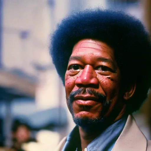 Image similar to a 1970s film still of Morgan Freeman dressed as a funk singer, 40mm lens, shallow depth of field, split lighting