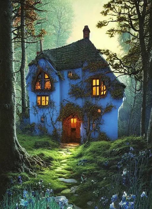 Image similar to hyper realistic homely ornate modern witch cottage distant down a path in the woods gorgeous lighting, blue sky, highly detailed, lush forest by zdzisław beksinski and norman rockwell and greg rutkowskiweta studio, and lucasfilm