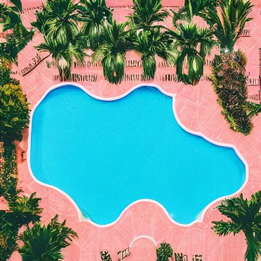 Image similar to aerial view of an elegant swimming pool, palm trees, kodak portra 4 0 0, vaporwave colors, faded effect, 9 0 s vibe, tropical vibe,