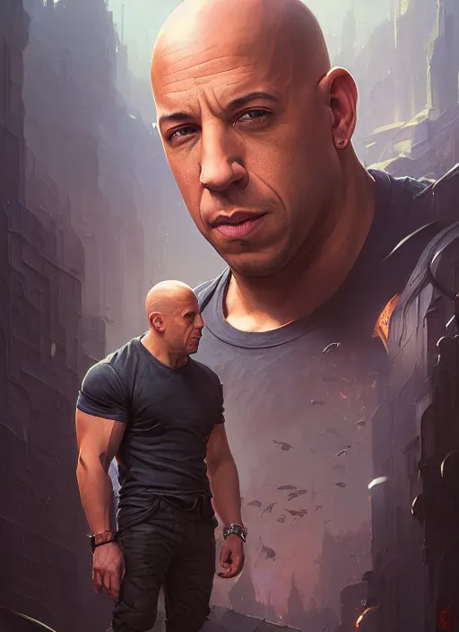 Image similar to Highly detailed portrait of vin diesel, Stephen Bliss, unreal engine, fantasy art by Greg Rutkowski, Loish, Rhads, ferdinand knab, Makoto Shinkai and Lois van baarle, ilya kuvshinov, rossdraws, Tom Bagshaw, alphonse mucha, global illumination, radiant light, detailed and intricate environment