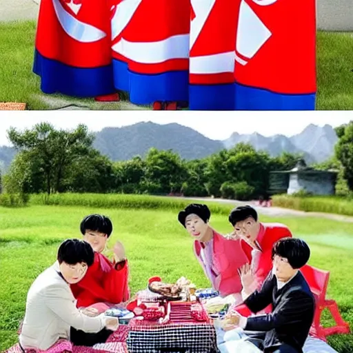 Image similar to screaming kim jong un doll having a lovely picnic with bts boy band