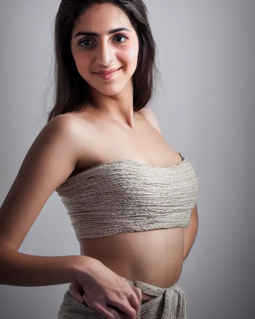 Prompt: a highly realistic, true to life portrait of a beautiful young middle eastern girl, soft focus, from the waist up, with sharp features, a beautiful face, soft smile, under studio lighting, taken with a canon eos camera with 1 3 5 mm focal length