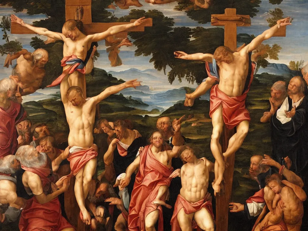 Prompt: a renaissance painting of obama on the cross