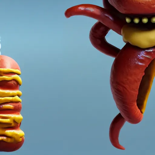 Image similar to a giant hotdog demon spiting spicy mustard. eldenring boss, zbrush, arnold render, unrealengine 5, dark souls, horror, extremely detailed